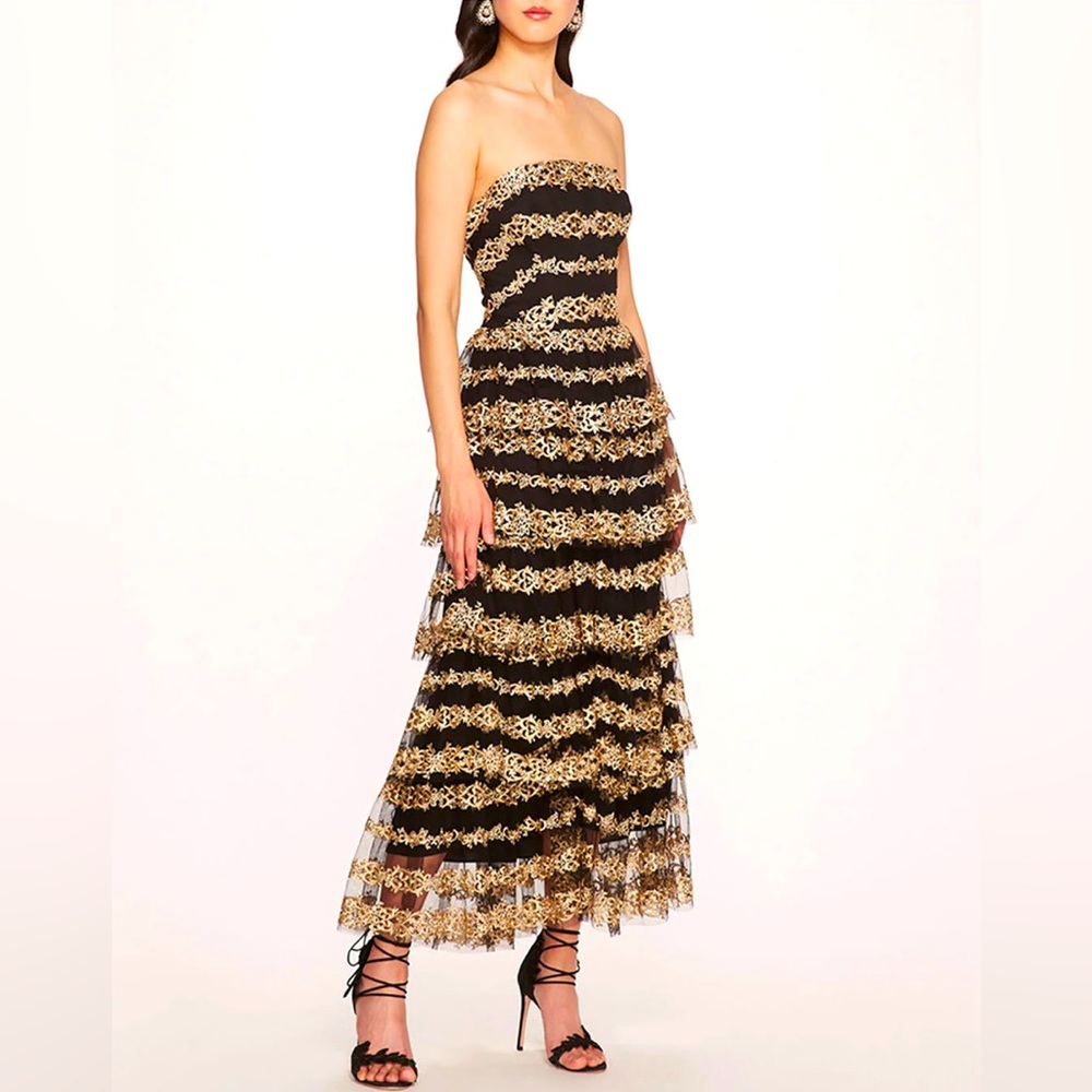 Marchesa Notte Embroidered Tiered Midi- Dress Sz.2